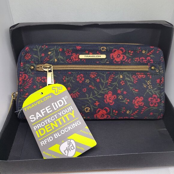 NEW - Travelon Wallet Wristlet Safe ID RFID Women's Zip Clutch Floral Navy - Picture 1 of 11